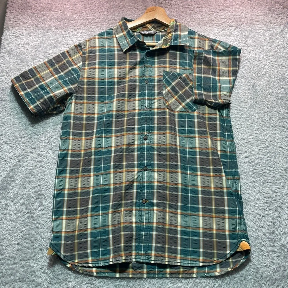 The North Face Mens Plaid Short Sleeve Button Up Shirt Teal Orange Medium